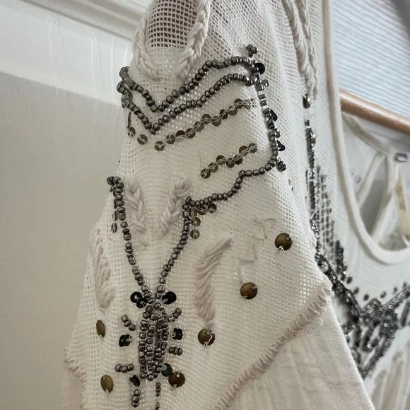 Free People Boho Yummy Slub Ivory Embellished Beaded Sequin Top Size XS - Picture 5 of 13